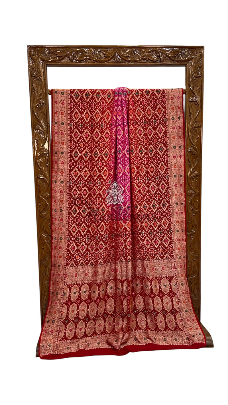 Pure Georgette Banarasi Bandhej Handloom Saree - Meenakari - The Handlooms