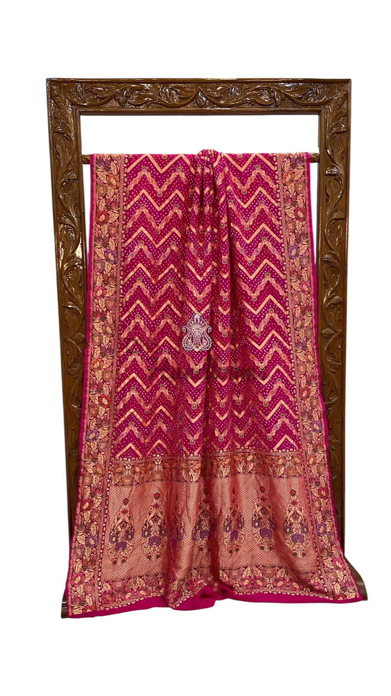 Pure Georgette Banarasi Bandhej Handloom Saree - Meenakari - The Handlooms