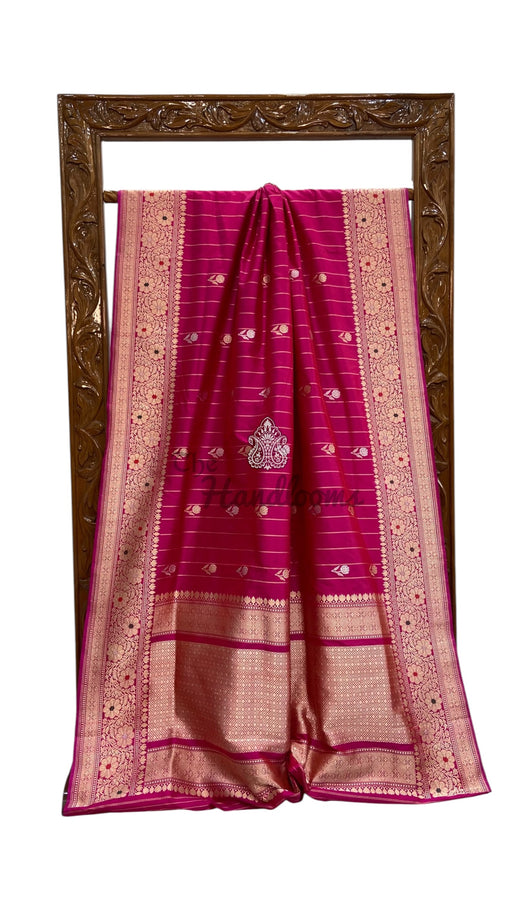 Hot Pink Pure Katan Silk Banarasi Handloom Saree - All Over Kadua Motifs - The Handlooms