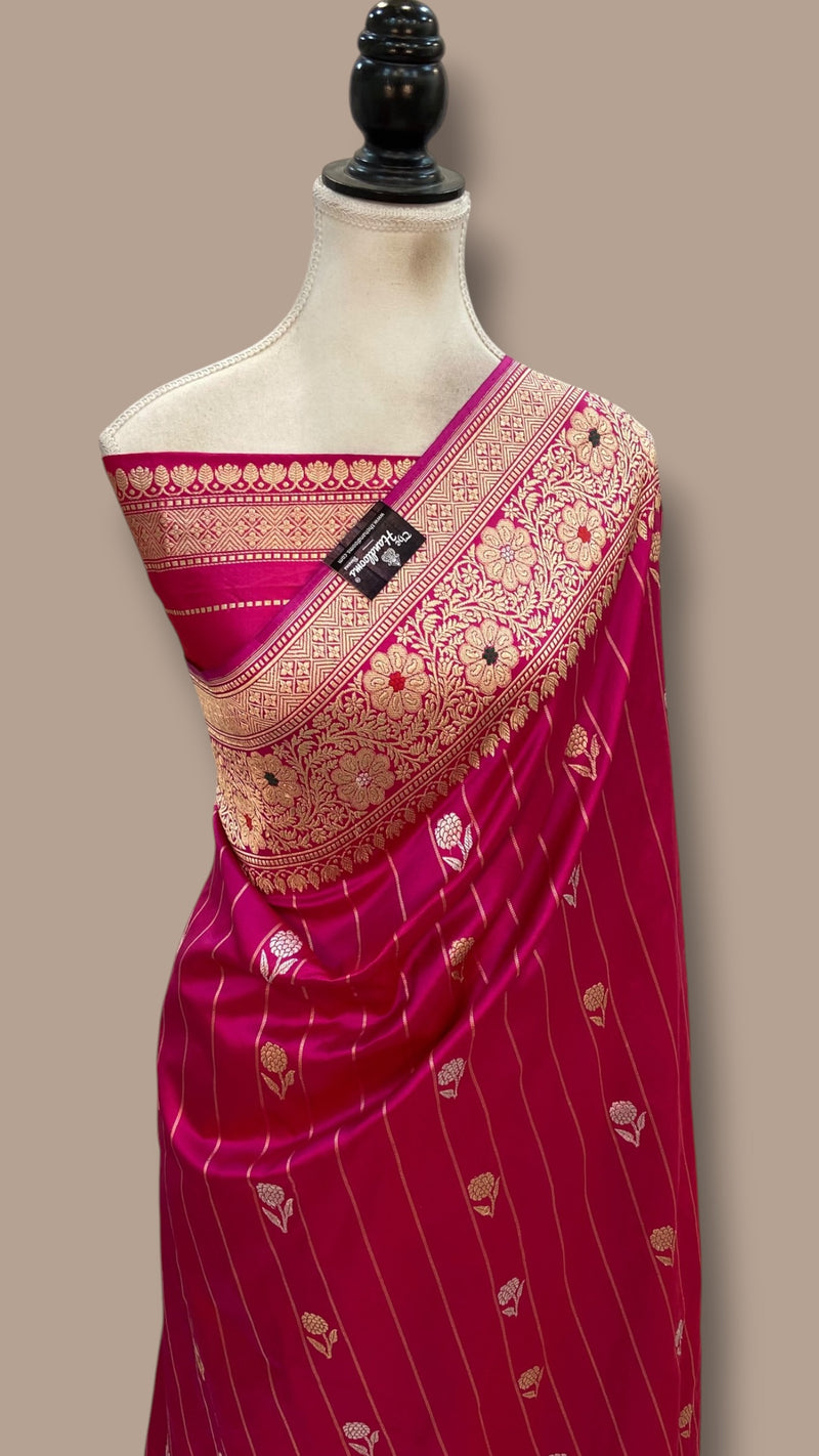 Hot Pink Pure Katan Silk Banarasi Handloom Saree - All Over Kadua Motifs - The Handlooms