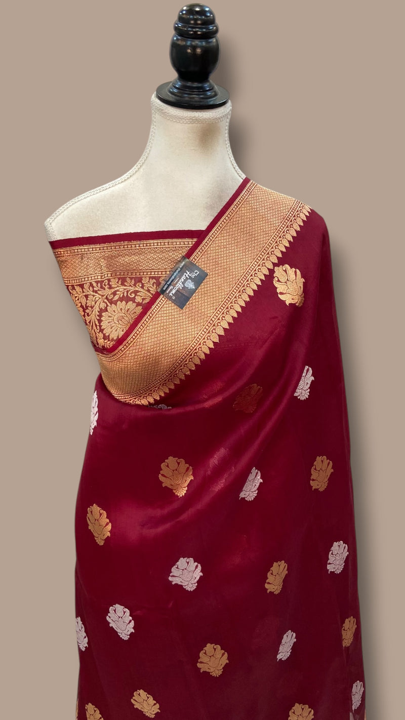 Maroon Pure Kora Handloom Banarasi Saree