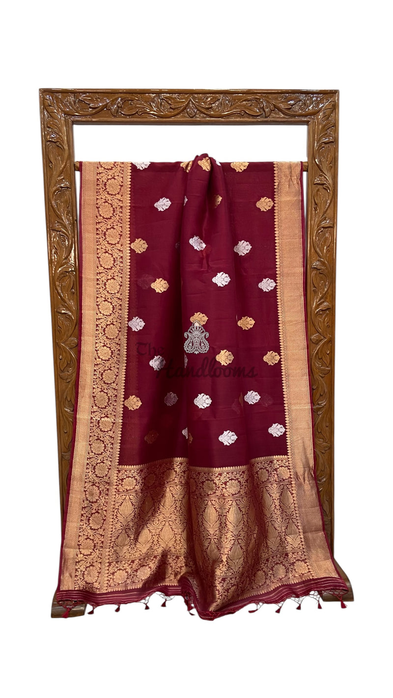 Maroon Pure Kora Handloom Banarasi Saree