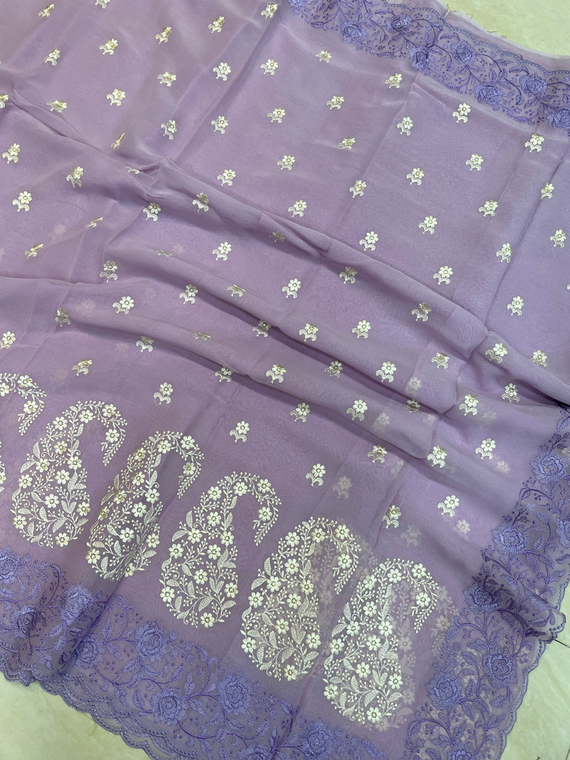 Pure Georgette Chikankari Handloom Banarasi Saree - The Handlooms