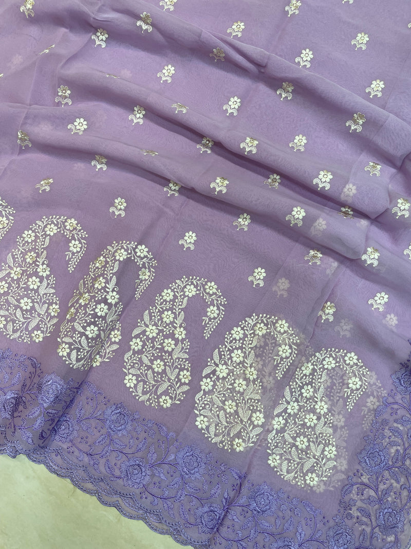 Pure Georgette Chikankari Handloom Banarasi Saree - The Handlooms