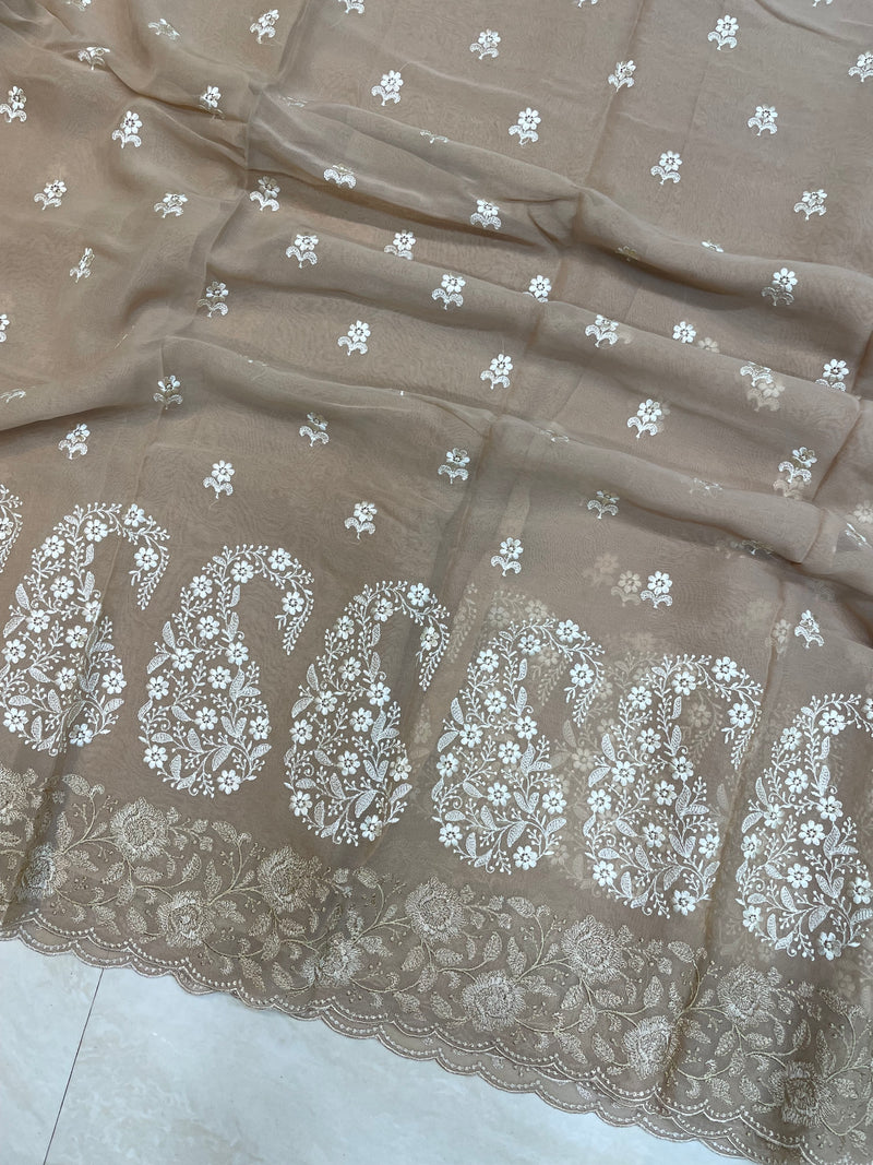 Pure Georgette Chikankari Handloom Banarasi Saree - The Handlooms