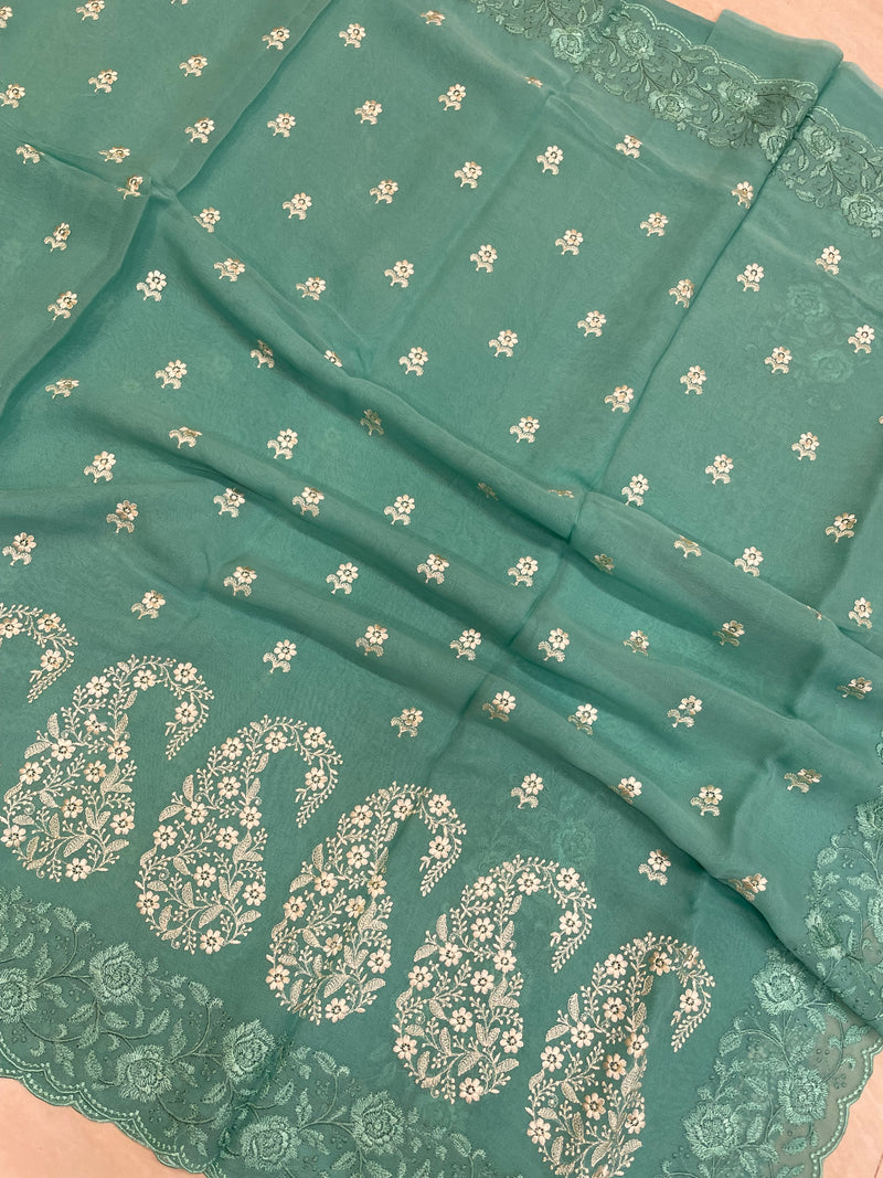 Pure Georgette Chikankari Handloom Banarasi Saree - The Handlooms