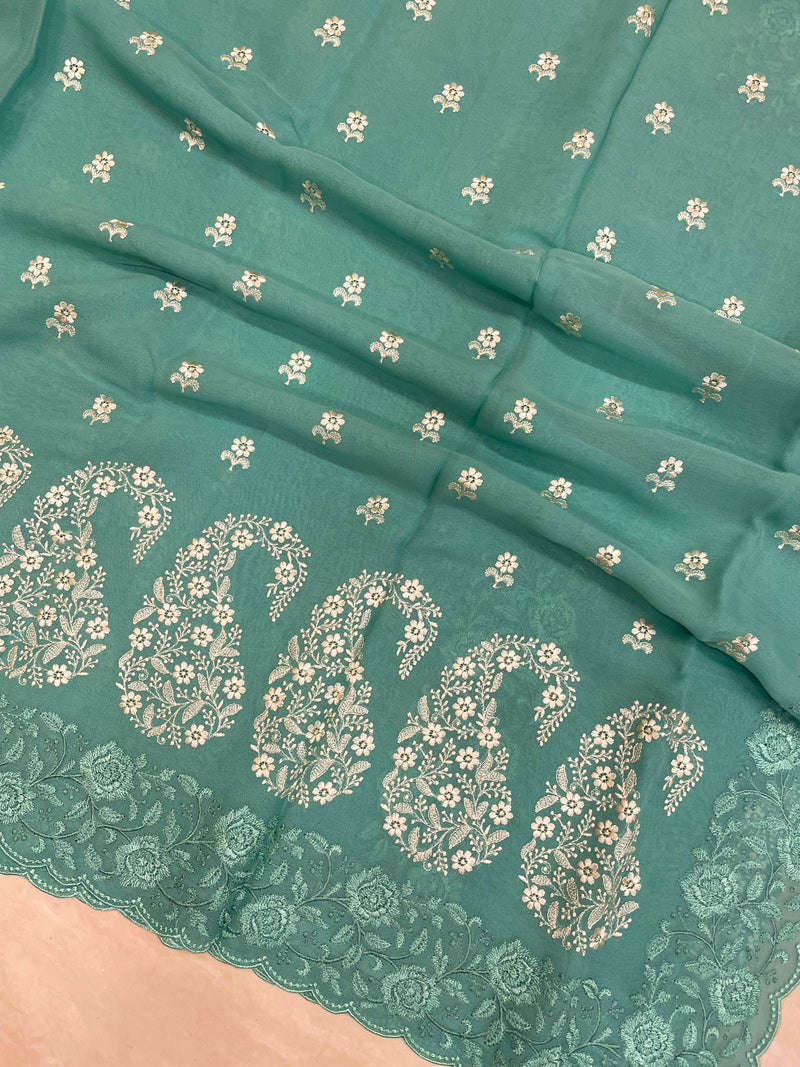 Pure Georgette Chikankari Handloom Banarasi Saree - The Handlooms