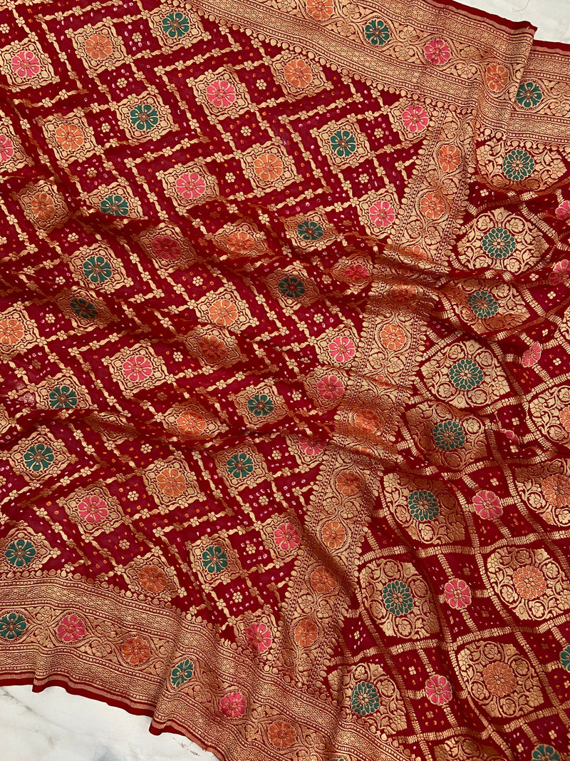 Pure Georgette Banarasi Bandhej Handloom Saree - Meenakari