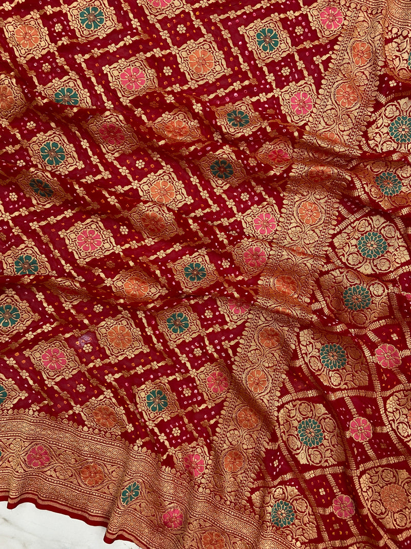 Pure Georgette Banarasi Bandhej Handloom Saree - Meenakari