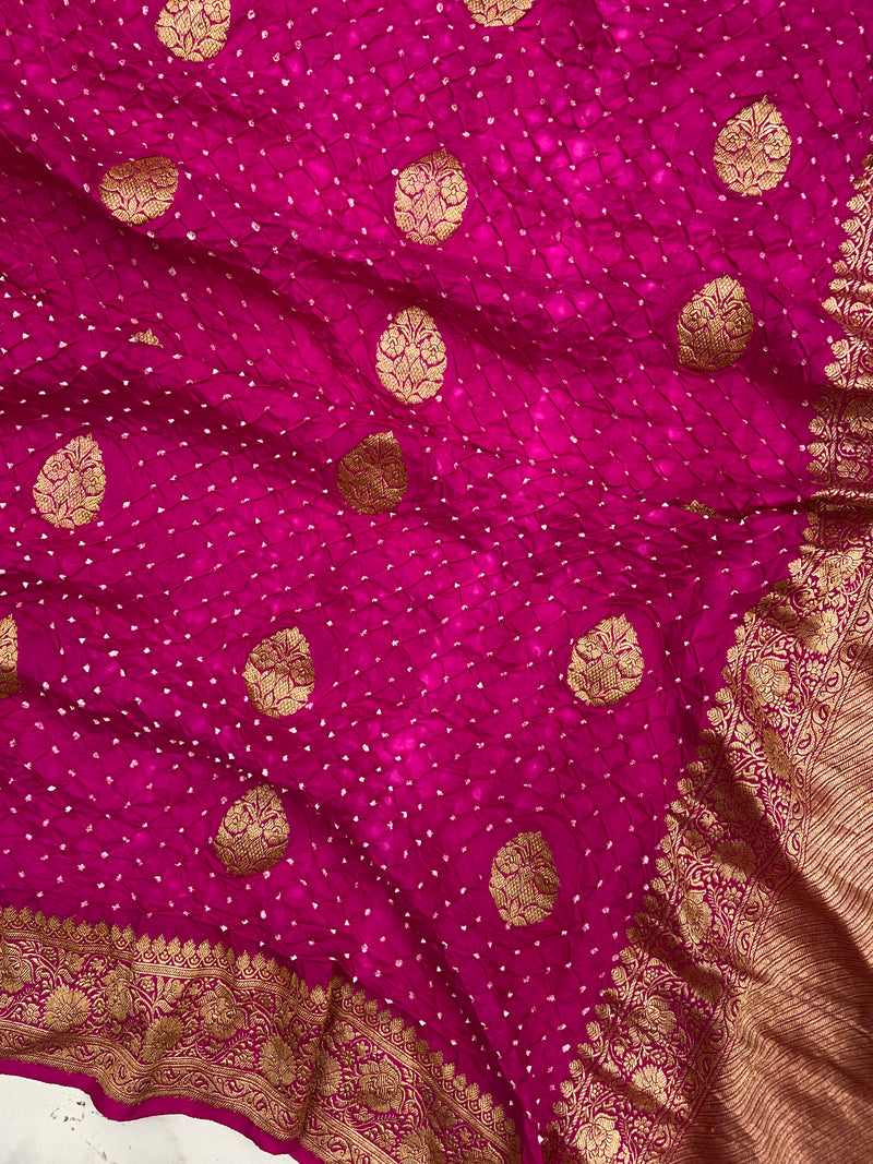 Pure Silk Banarasi Bandhej Handloom Saree - All Over Kadua Boota - The Handlooms