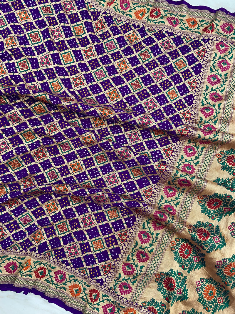 Pure Georgette Banarasi Bandhej Handloom Saree - Meenakari - The Handlooms
