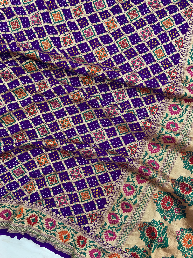 Pure Georgette Banarasi Bandhej Handloom Saree - Meenakari - The Handlooms