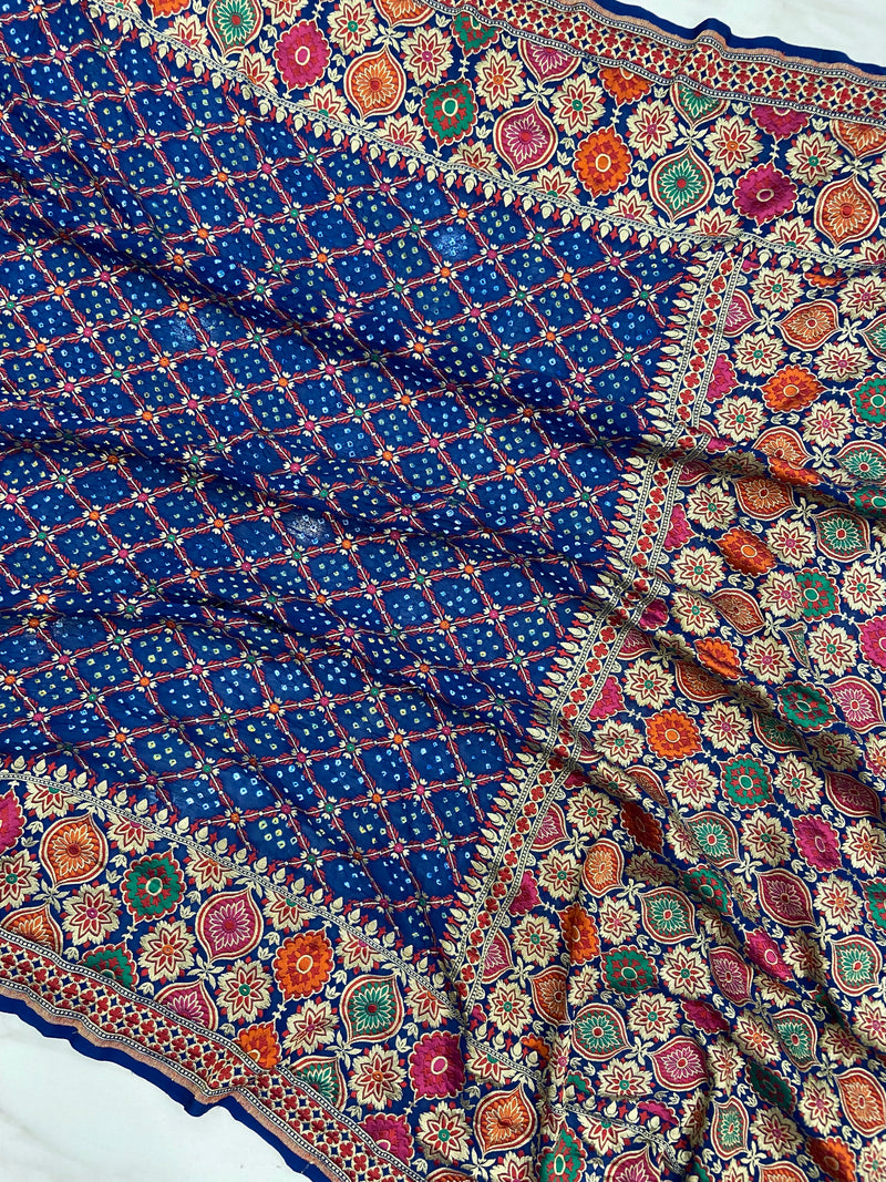 Pure Georgette Banarasi Bandhej Handloom Saree - Meenakari - The Handlooms