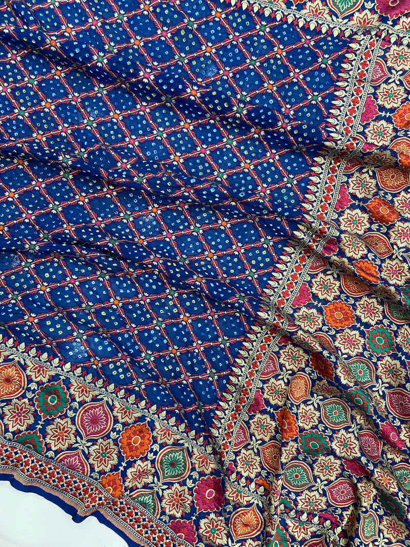 Pure Georgette Banarasi Bandhej Handloom Saree - Meenakari - The Handlooms