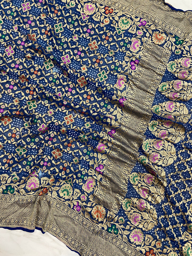 Pure Georgette Banarasi Bandhej Handloom Saree - Meenakari - The Handlooms