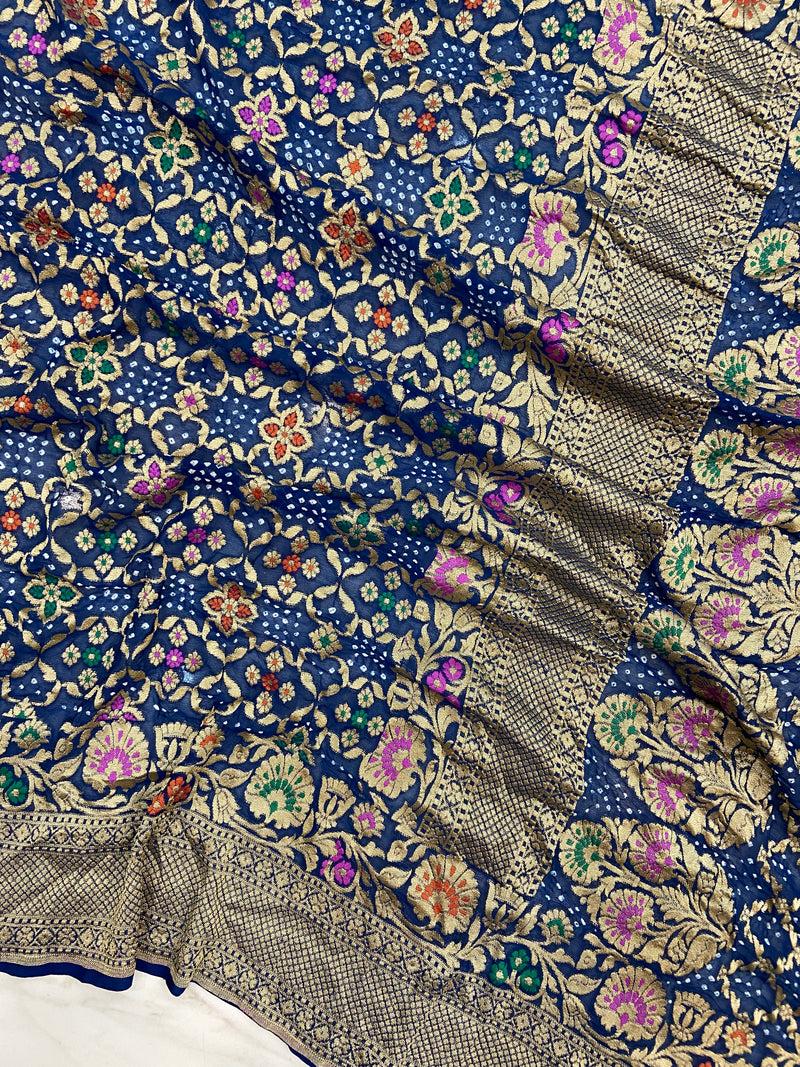 Pure Georgette Banarasi Bandhej Handloom Saree - Meenakari - The Handlooms