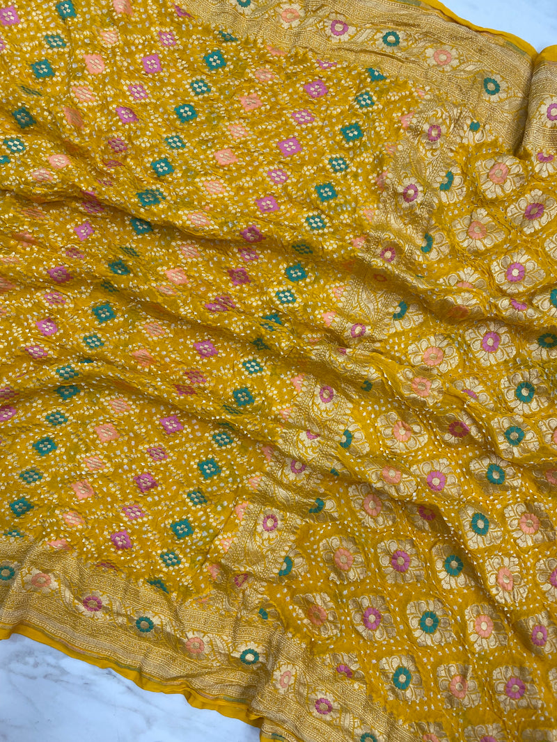 Pure Georgette Banarasi Bandhej Handloom Saree - Meenakari - The Handlooms