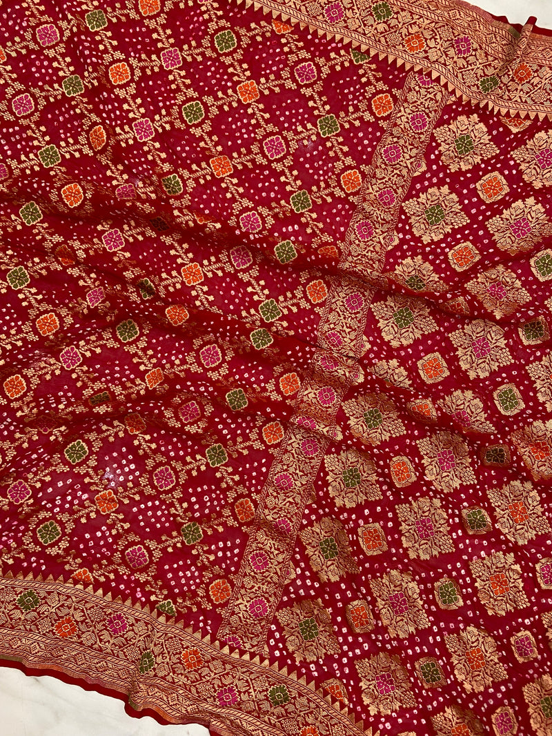 Pure Georgette Banarasi Bandhej Handloom Saree - Meenakari