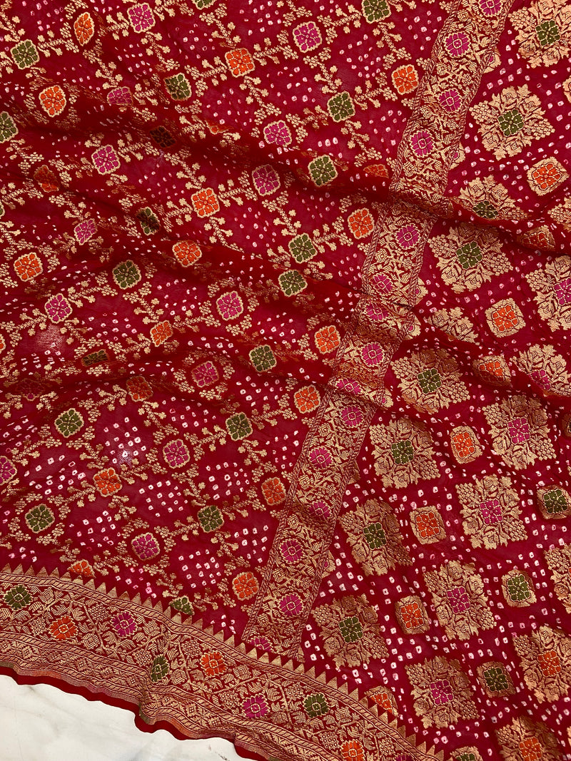 Pure Georgette Banarasi Bandhej Handloom Saree - Meenakari