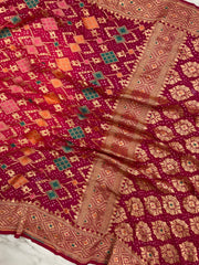 Pure Georgette Banarasi Bandhej Handloom Saree - Meenakari - The Handlooms