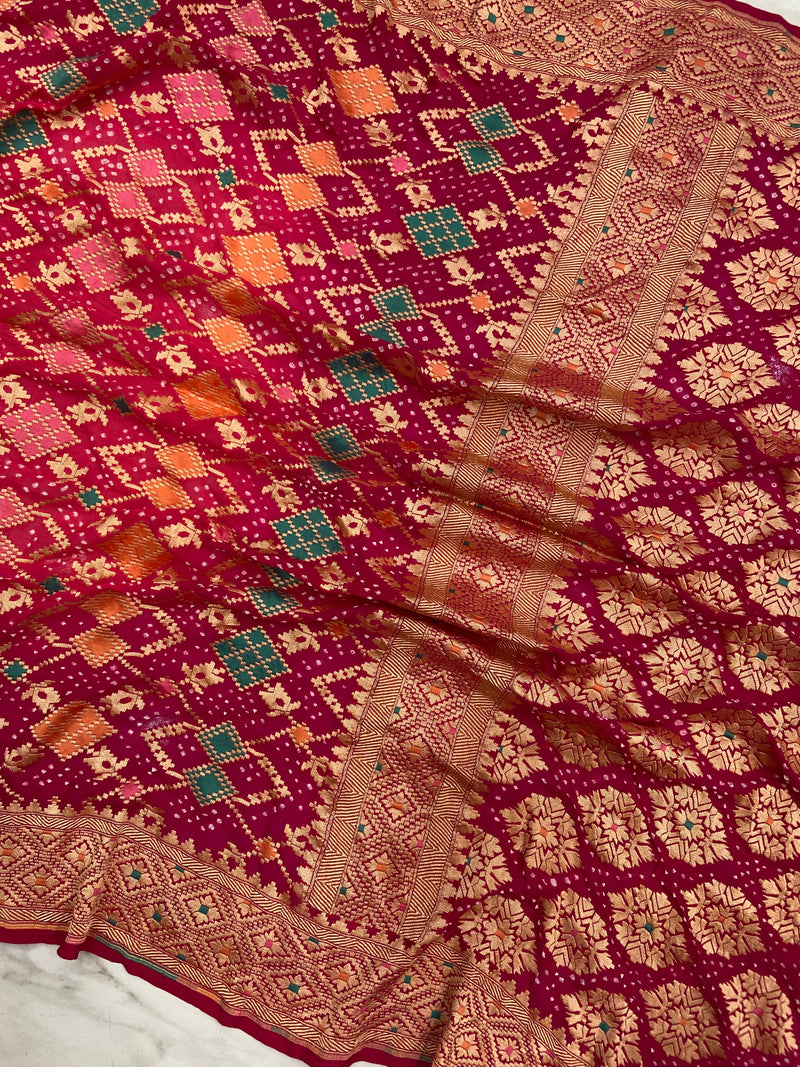 Pure Georgette Banarasi Bandhej Handloom Saree - Meenakari - The Handlooms