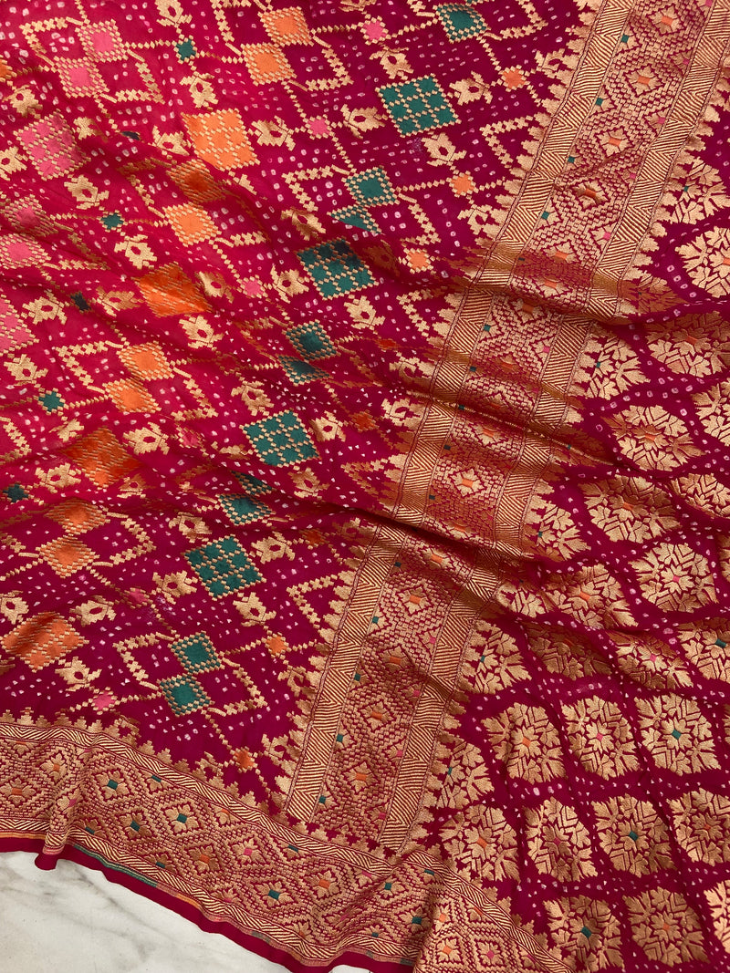 Pure Georgette Banarasi Bandhej Handloom Saree - Meenakari - The Handlooms