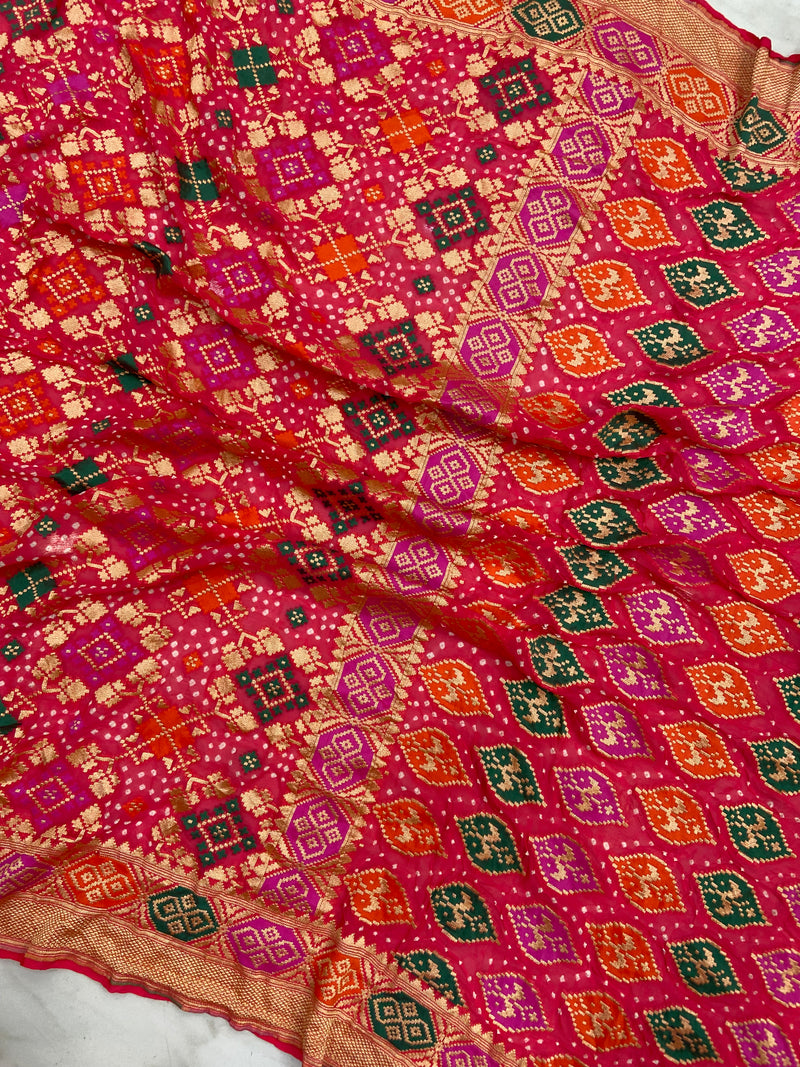 Pure Georgette Banarasi Bandhej Handloom Saree - Meenakari - The Handlooms