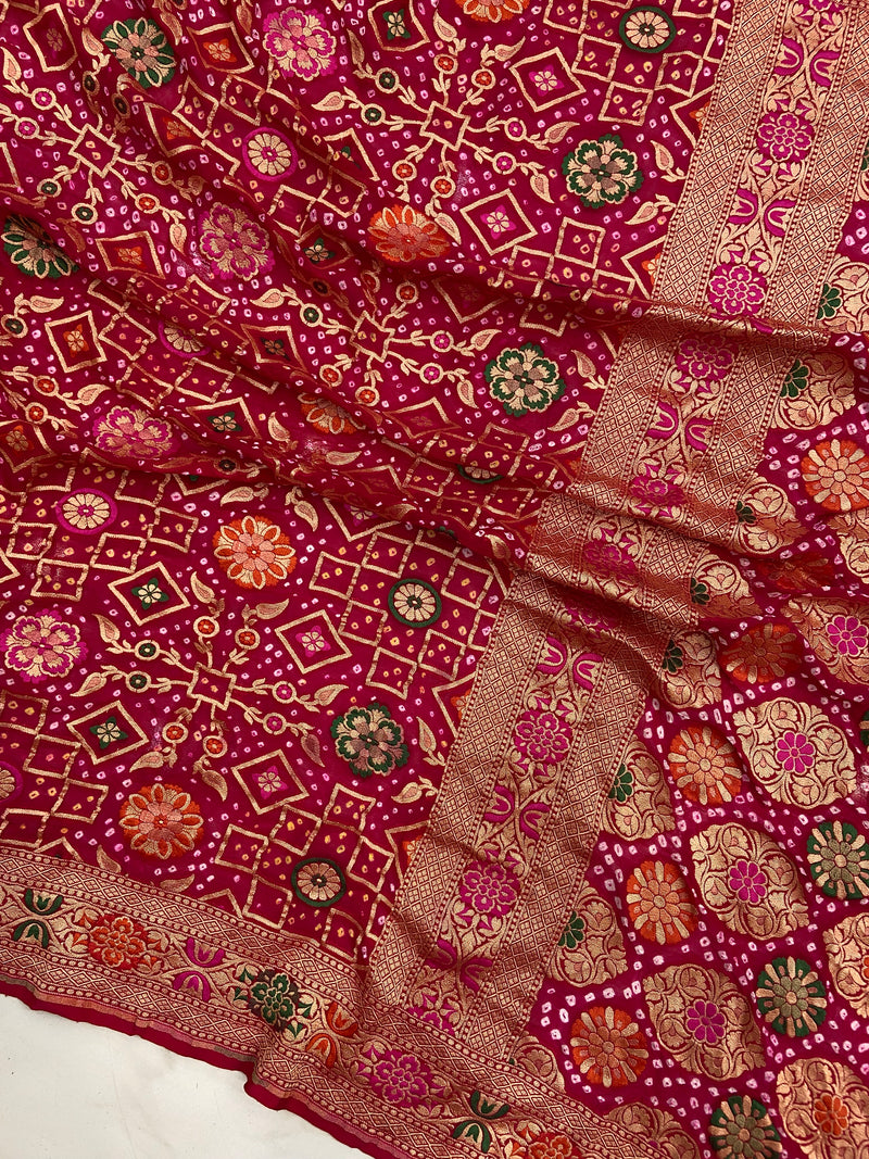 Pure Georgette Banarasi Bandhej Handloom Saree - Meenakari - The Handlooms