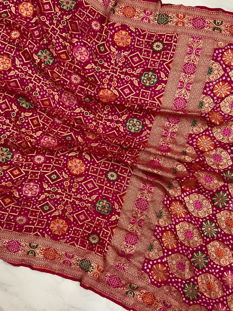 Pure Georgette Banarasi Bandhej Handloom Saree - Meenakari - The Handlooms