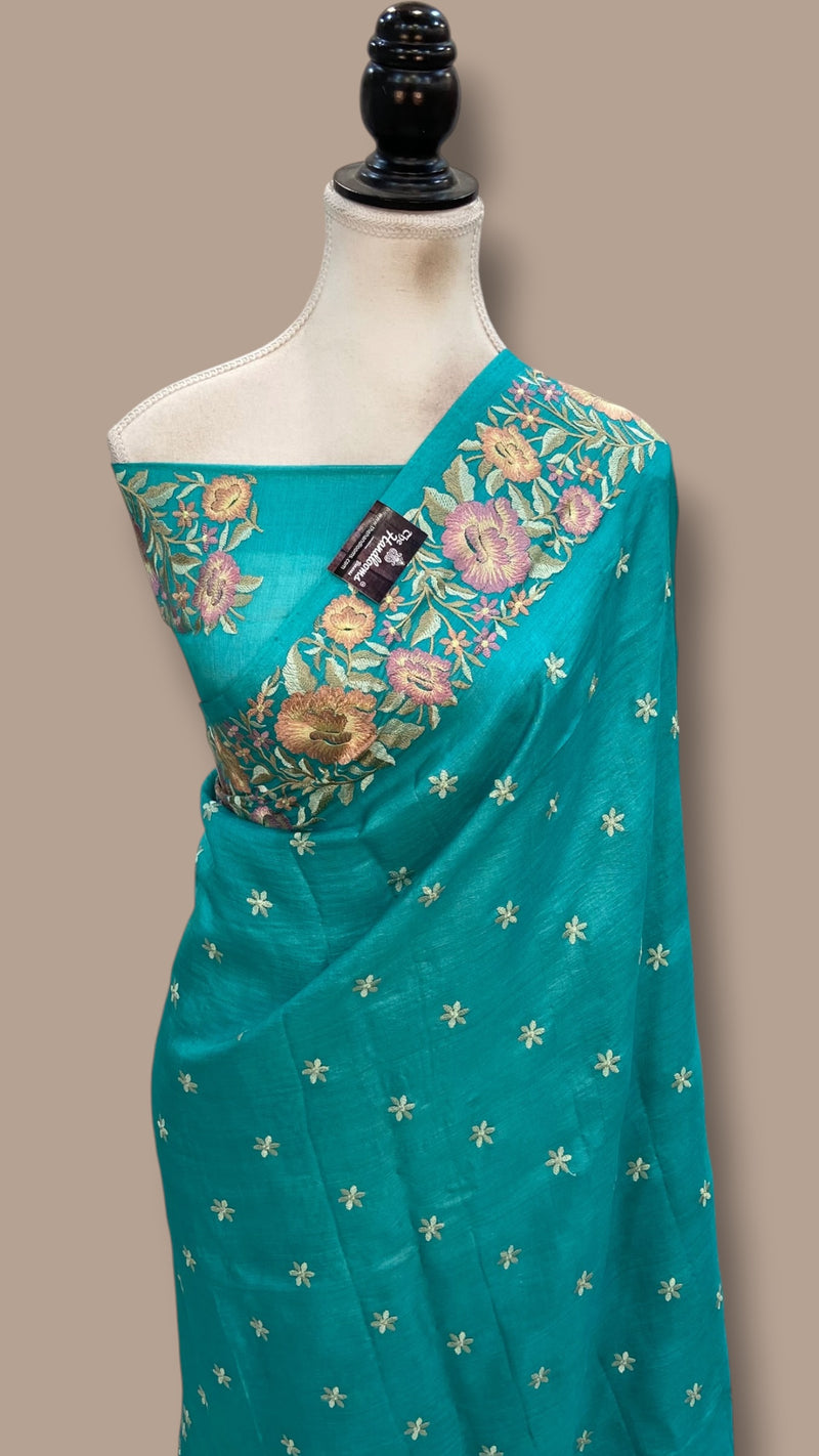 Tussar Silk Handloom Banarasi Saree With Chikankari
