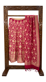 Pink Pure Khaddi Georgette Handloom Banarasi Lehenga - Stitched - The Handlooms