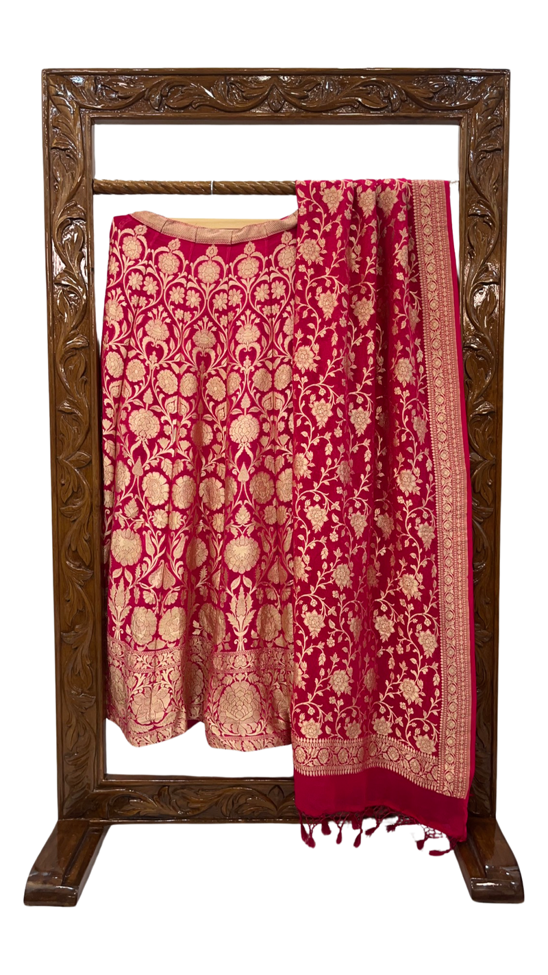 Pink Pure Khaddi Georgette Handloom Banarasi Lehenga - Stitched - The Handlooms