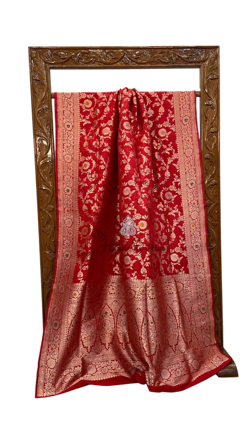 Pure Katan Silk Banarasi Handloom Saree - All Over Jaal Work With Meenakari