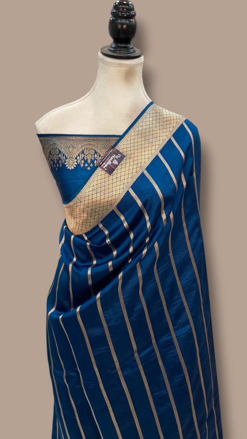 Pure Katan Silk Banarasi Handloom Saree - All Over Kadua Stripe - The Handlooms