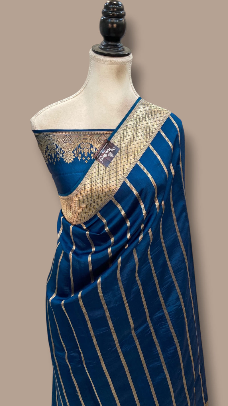 Pure Katan Silk Banarasi Handloom Saree - All Over Kadua Stripe - The Handlooms