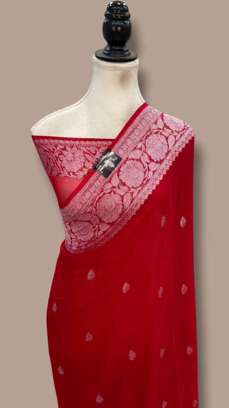 Pure Georgette Banarasi Handloom Saree - Silver Zari