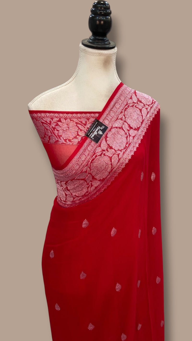 Pure Georgette Banarasi Handloom Saree - Silver Zari