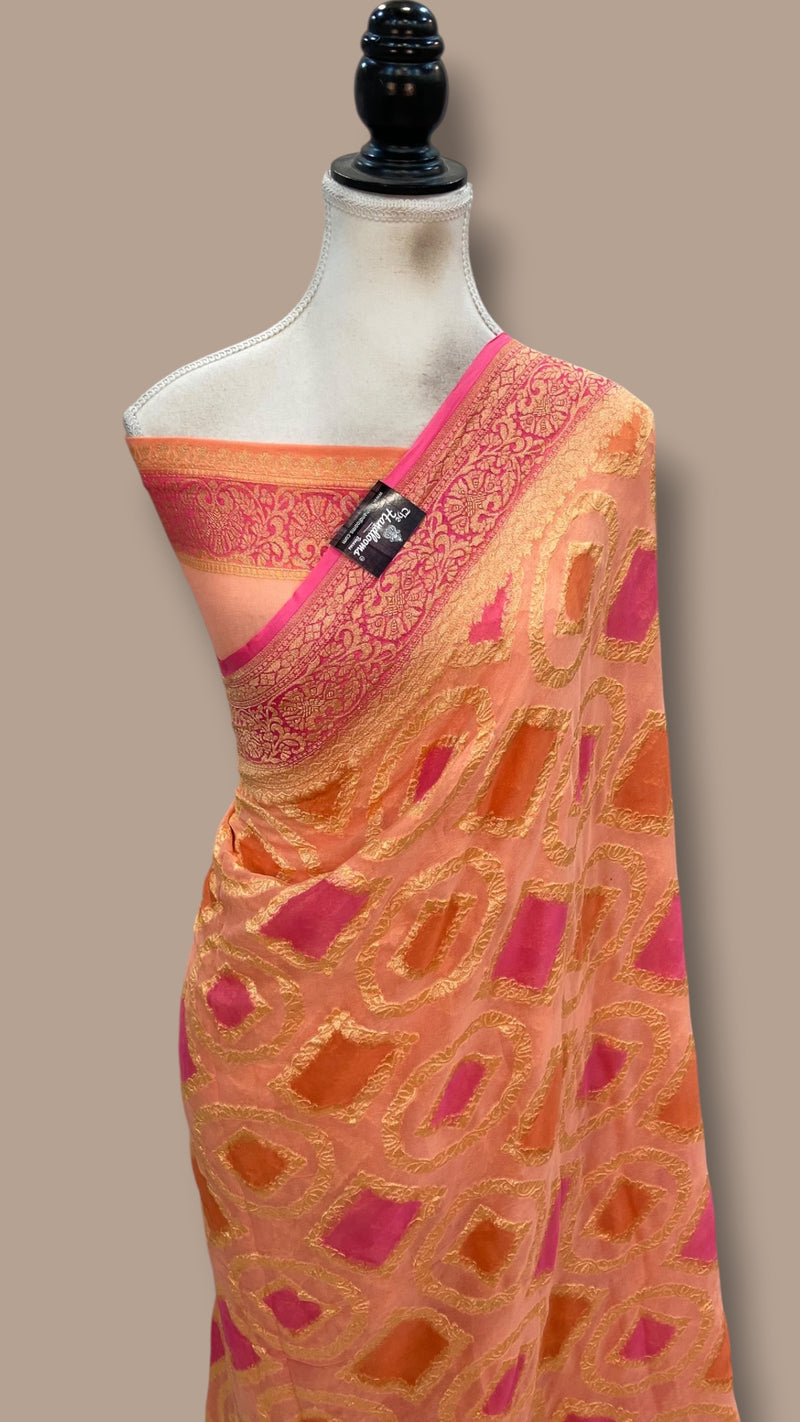 Khaddi Georgette Handloom Banarasi Saree - Gold Zari - The Handlooms