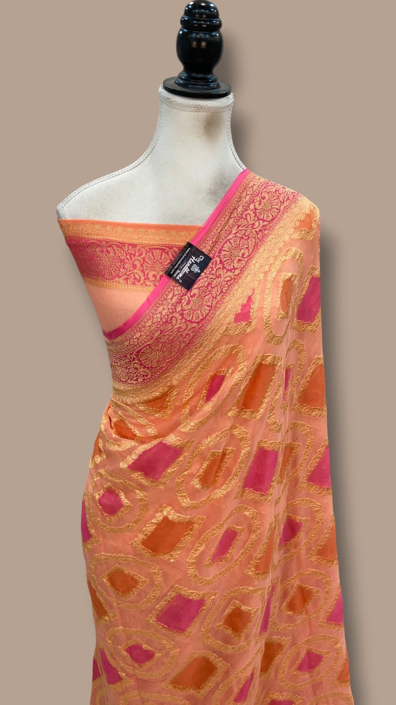 Khaddi Georgette Handloom Banarasi Saree - Gold Zari - The Handlooms