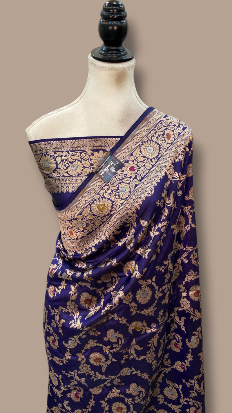 Pure Katan Silk Banarasi Handloom Saree - All Over Jaal Work With Meenakari