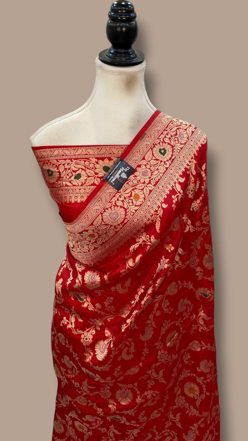 Pure Katan Silk Banarasi Handloom Saree - All Over Jaal Work With Meenakari