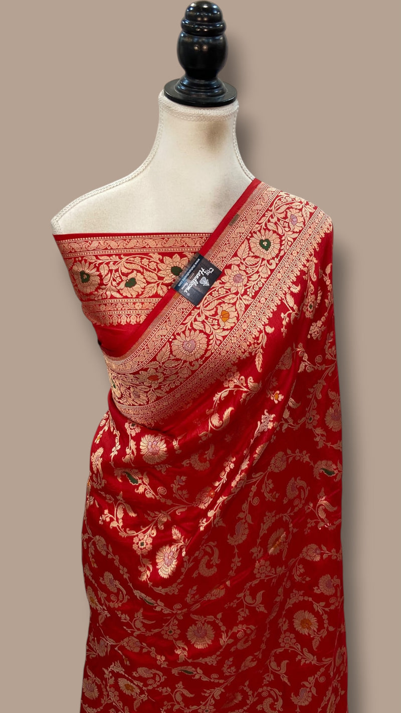 Pure Katan Silk Banarasi Handloom Saree - All Over Jaal Work With Meenakari