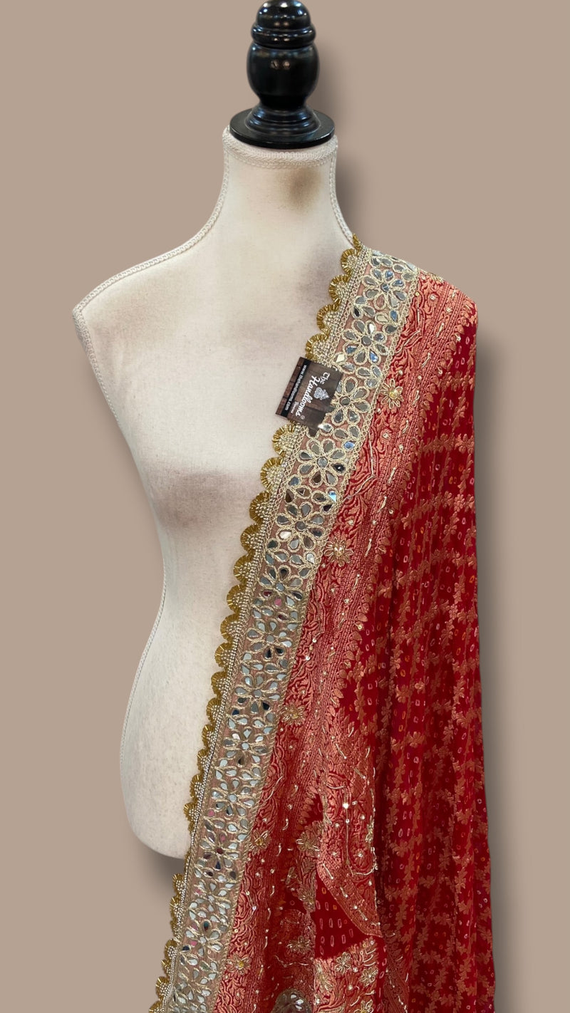 Maroon Pure Georgette Banarasi Bandhej Handloom Dupatta With Handwork