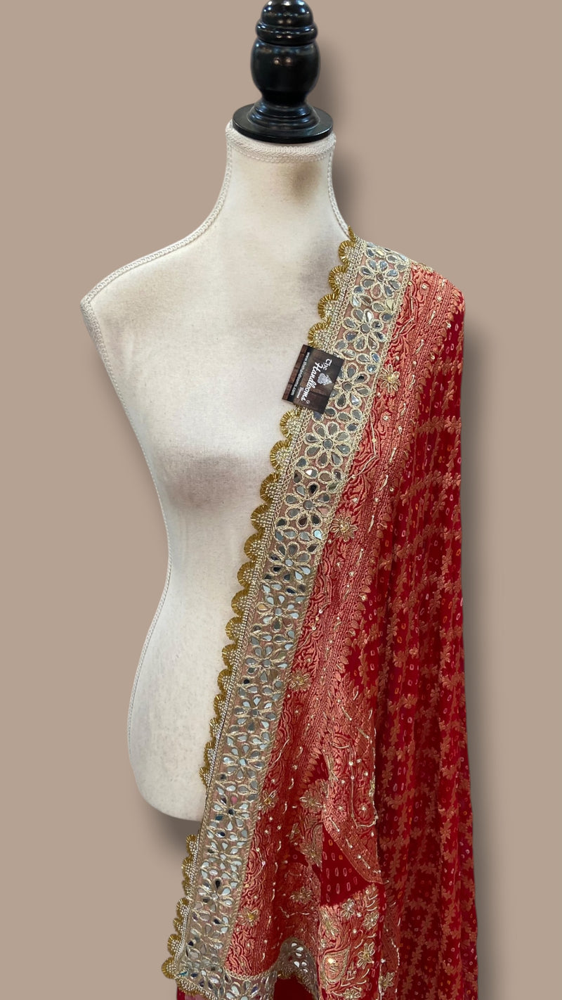 Maroon Pure Georgette Banarasi Bandhej Handloom Dupatta With Handwork