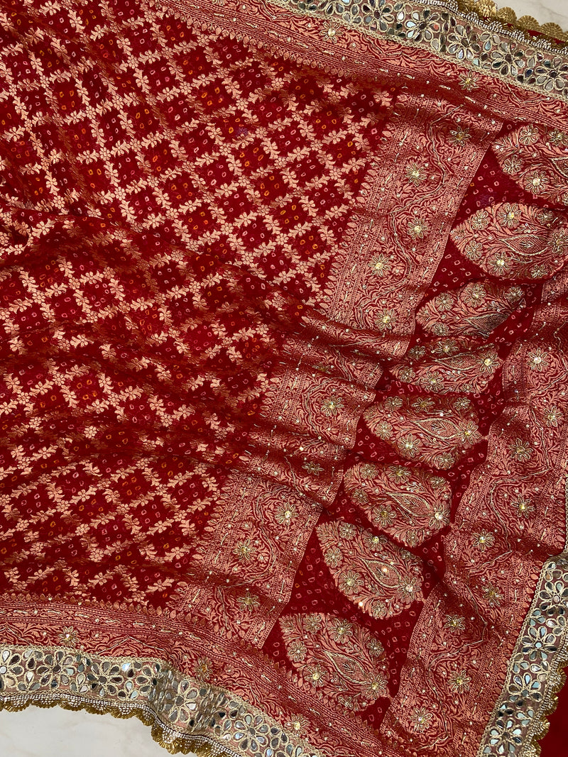 Maroon Pure Georgette Banarasi Bandhej Handloom Dupatta With Handwork
