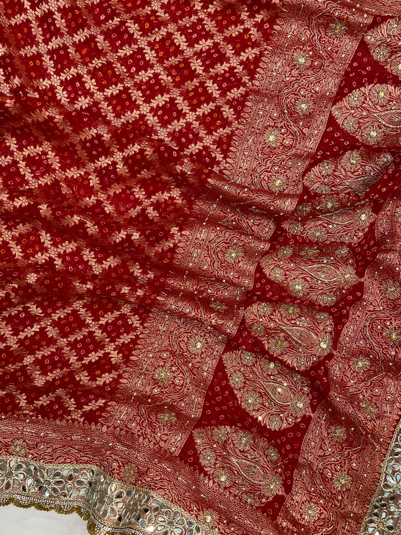 Maroon Pure Georgette Banarasi Bandhej Handloom Dupatta With Handwork