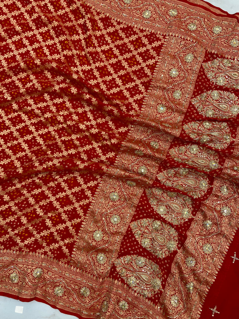 Pure Georgette Banarasi Bandhej Handloom Dupatta With Handwork - The Handlooms