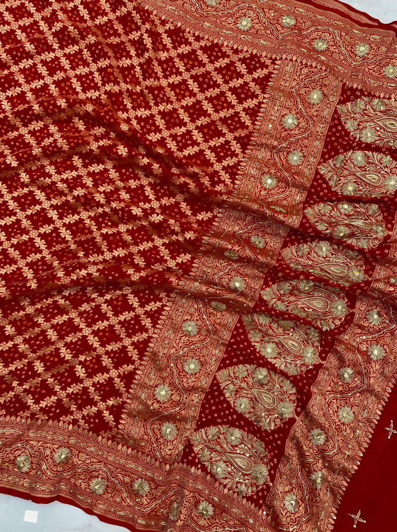 Maroon Pure Georgette Banarasi Bandhej Handloom Dupatta With Handwork