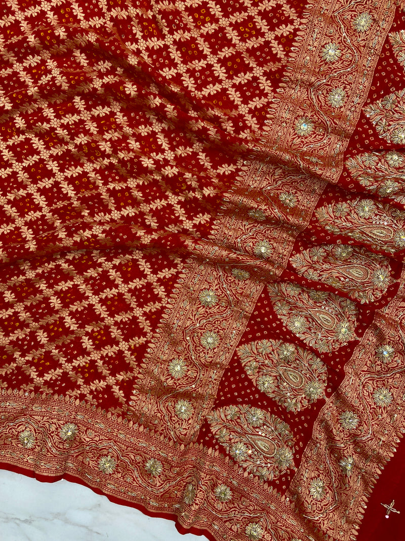 Pure Georgette Banarasi Bandhej Handloom Dupatta With Handwork - The Handlooms