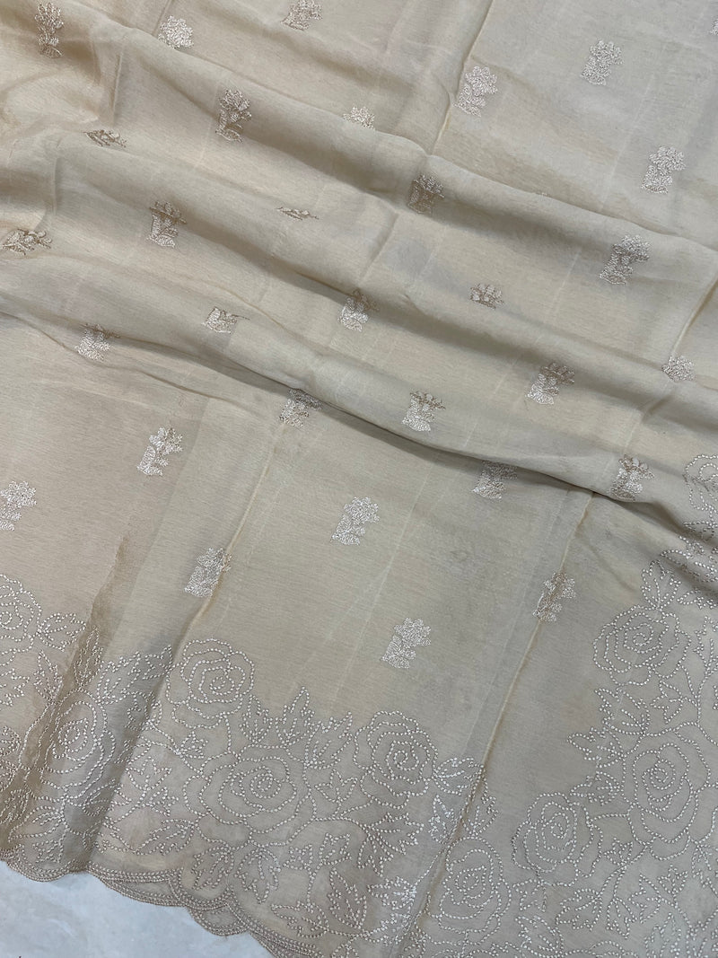 Pure Georgette Chikankari Handloom Banarasi Saree - The Handlooms